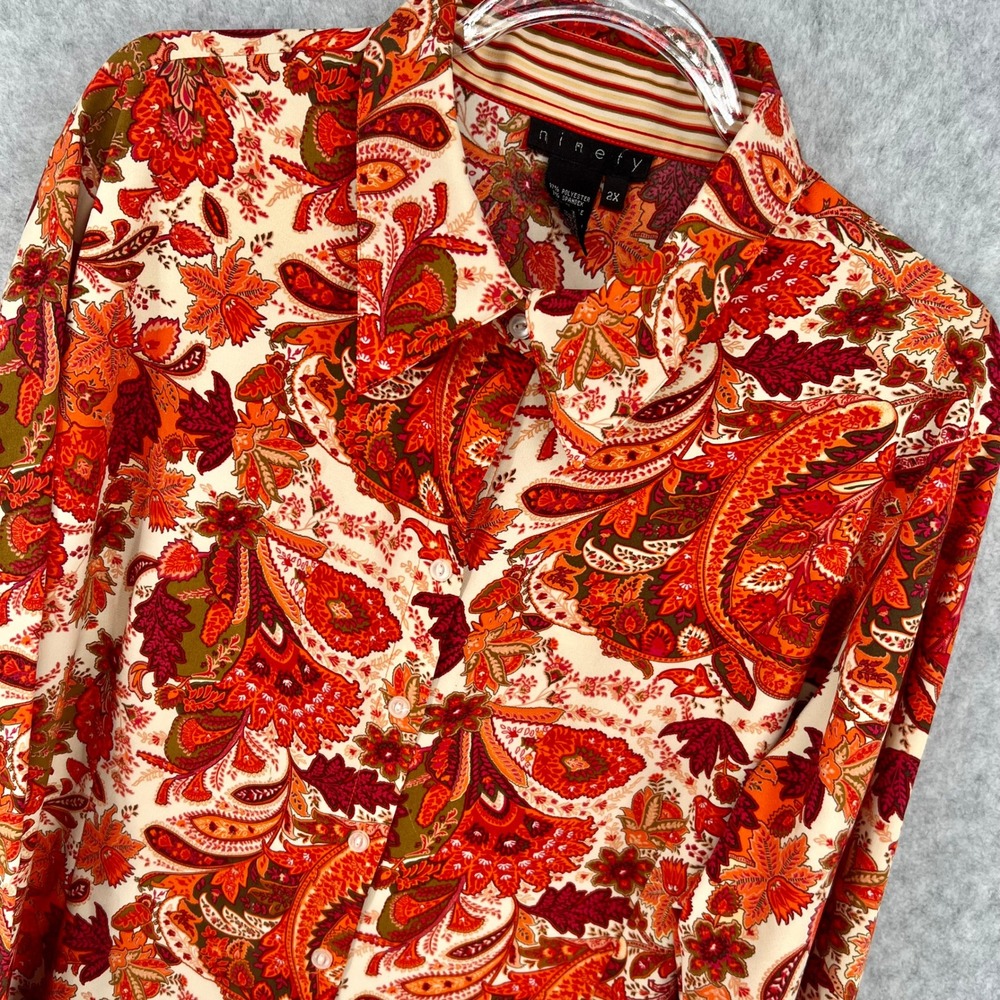 NINETY Women's Button Up Blouse Orange Floral Paisley 2X Contrast Cuff